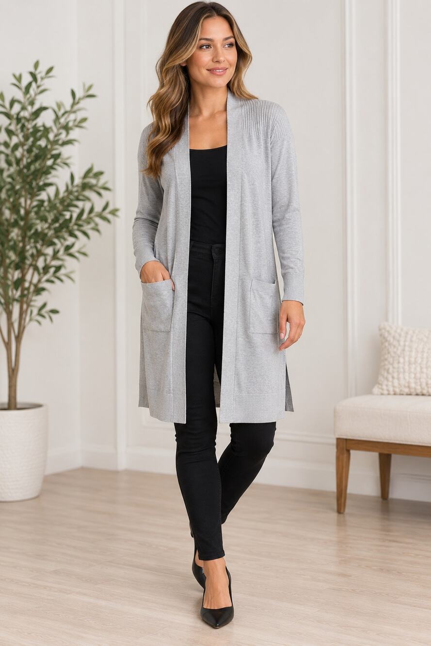 Alexandra + Oak Womens M Gray Longline Open Front Cardigan Sweater Pockets